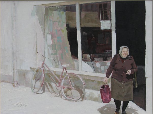 Mean Tote Woman Leaving ButcherShop as Fire Truck Passes